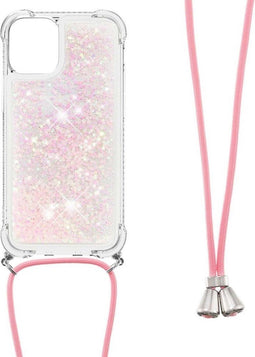 Lunso - Backcover hoes met koord - Geschikt voor iPhone 13 - Glitter Rose Zilver