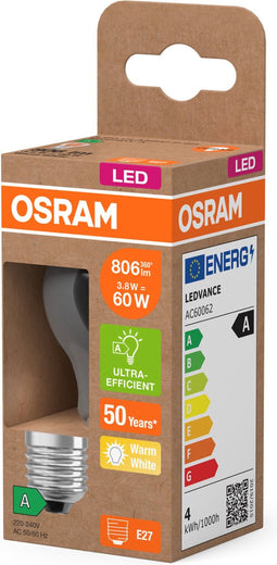 OSRAM Energy Class LED-lamp in klassieke minibolvorm, 3,8 W / 806 lm, EEK A, warm wit licht (2700 K), CRI 80, gemaakt van helder gekleurd loodvrij glas, E27 fitting, IP20, 45 mm diameter.