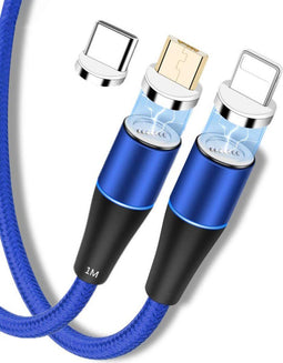 FlinQ Magnetische Oplaadkabel 3-in-1 - Magneet Oplader - Oplaadkabel iPhone - Samsung - Blauw
