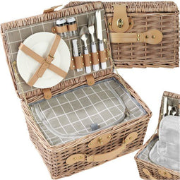 tectake® Picknickmand Ameland - Luxe 13-delige set voor 2 personen - Geïntegreerd koelvak - Riet
