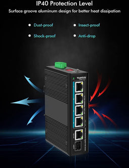 5-poorts industriële Gigabit PoE DIN-rail switch, 4 PoE+ poorten 1000Mbps, 1 Gigabit uplink, 1 SFP-poort, IEEE802.3af/at 120W, onbeheerd, 16 Gbps schakelcapaciteit, IP40