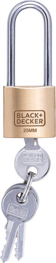 BLACK+DECKER Hangslot - 25mm - Lange Beugel - Massief Messing - Incl. 3 Sleutels