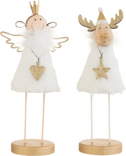 J-Line figuur Engel/Rendier Op Voet - vacht/hout - wit/goud - large - 2 stuks
