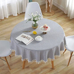 Ronde tafelkleden gestreepte franje tafelkleed katoen linnen tafelkleed geschikt voor thuis keuken decoratie, verschillende maten (blauw/witte strepen, diameter 120 cm)