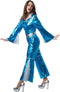 Dressforfun Disco Starlet XXL - Dameskostuum - Glanzende jumpsuit met zilveren details - Neonblauw