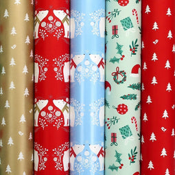 GOLDEN WINTERTIME - Cadeaupapier - Assortiment kerstpapier 5 rollen 2 meter x 70 cm
