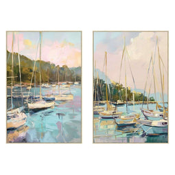Schilderij Home ESPRIT Blauw Groen Grijs Roze Jacht Mediterrane (2 Stuks)