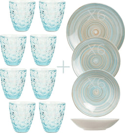 GLAMOMAX'S Choice Blue Bubble Serviesset - 6 Persoons - 18 C&T Borden - 8 ONA Drinkglazen (22CL) - Blauwe Dinerborden - Vaatwasserbestendig