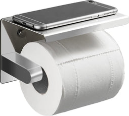 Toiletpapierhouder van Roestvrij Staal met legplank voor mobiel - Twee Installatiemethoden: Lijm of Perforatie - Spiegeloppervlak met Legplank - kan in Keuken en Badkamer worden gebruikt