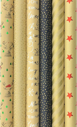 Benza Christmas kraft cadeaupapier - Inpakpapier 3 meter x 70 cm - 6 rollen