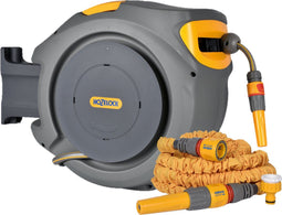Hozelock Auto Reel - Wandslangbox 25 m met Superhoze 7,5 m - Automatisch oprolmechanisme - Grijs/Geel