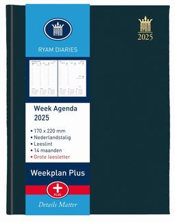 Ryam | Bureau agenda | Weekplan Plus Wit NL Mercury | 2025 | Genaaid gebonden | 170 x 220 mm | 14 mnd | Zwart |
