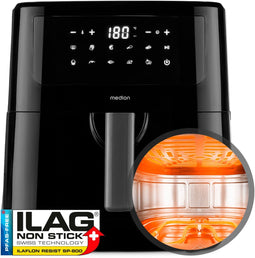 MEDION P10 XL heteluchtfriteuse (6,8 liter XXL frituurmand, 2.150 watt, twee roestvrijstalen verwarmingselementen, schudalarm, 9 automatische programma's, touch bedieningspaneel, LED-display)