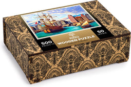 HOUTEN STAD Puzzel - Oude schepen in de haven.