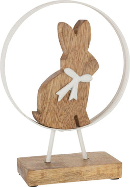 J-Line decoratie Konijn Strik In Rond - hout/ijzer - wit/naturel - small - paasdecoratie