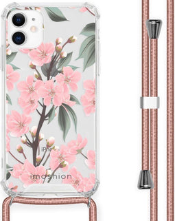 iMoshion iPhone 11 - Hoesje met Koord - Verstelbaar Koord - Groen Roze Cherry Blossom