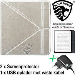 Origami Sleepcover Geschikt voor Kobo Libra H2O Hoes Grijs + Screenprotector + Oplader * - ereader hoesje - cover