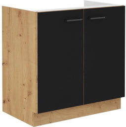 Onder spoelbak - MODENA - 80 cm - 2 draaideuren - Ambachtelijk eiken en mat zwart - CUISINIER