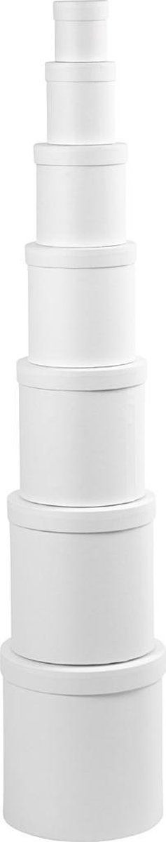 Ronde dozen, d: 7+9 +12+14,5 +17+19,5 +22 cm, h: 7,5+10,2 +12,7+15,2 +17,7+20,2 +22,7 cm, 7 stuks, wit