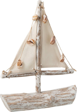 J-Line decoratie Zeilboot + Schelpen - hout - wit - small