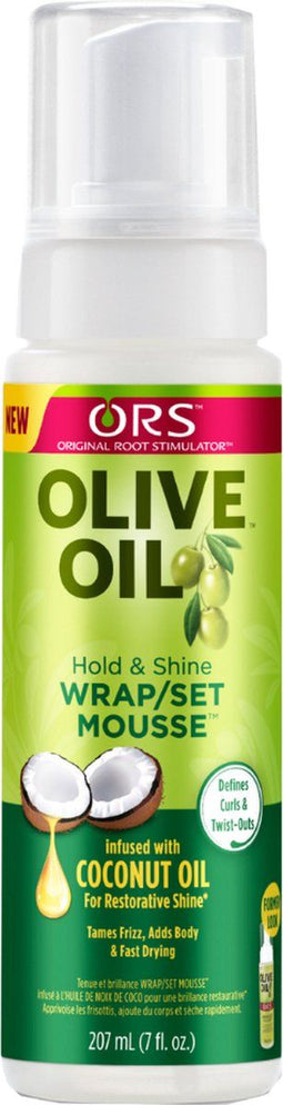 ORS Olive Oil Hold & Shine Wrap Set Mousse 207 ml - Versterkt met Collageen, Panthenol en Olijfolie voor Gezond, Gehydrateerd en Glanzend Haar, Biedt Langdurige Hold zonder Plakkerigheid