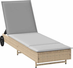 vidaXL - Ligbed - met - wielen - en - kussen - poly - rattan - beige
