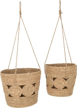 J-Line Set Van 2 Mand Rond Hangend Met Motief Riet Naturel