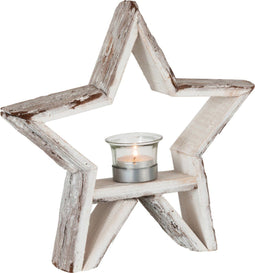 J-Line theelichthouder Ster - hout - bruin/wit