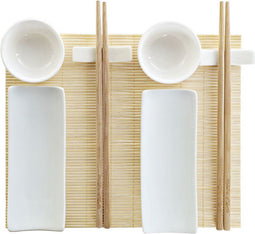 Sushi-set DKD Home Decor Bamboe Keramiek Wit Natuurlijk Orientaals 28,5 x 19,5 x 3,3 cm (9 Onderdelen) (28,5 x 19,5 x 3,3 cm)