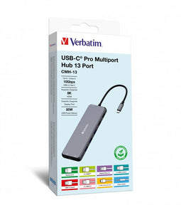 Verbatim USB-C Pro Multiport Hub CMH-13 - 13 poorten - Dual HDMI tot 8K - Zilver