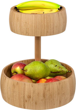 5Five Fruitschaal/fruitmand Bali XL - bamboe hout - D29 x H35 cm - bruin - rond - 2 niveaus opslag