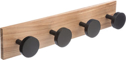 5Five Kapstok rek voor wand/muur - lichtbruin/zwart - 4-haaks wandkapstok - MDF/ijzer - 40 x 8 cm