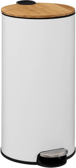 5Five prullenbak/pedaalemmer Bamboe - wit - metaal - 30 liter - 38 x 29 x 60 cm - keuken