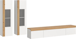 Furnilux Ruda - Wandkast Systeem 3 Delen - Vitrinekasten met Glazen Deuren en TV-kast - Wit met Eik Decor 34 cm x 270 cm x 33 cm