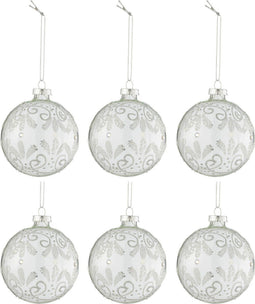 J-Line kerstbal Krullen Glitter - glas - transparant/zilver - small - doos van 6