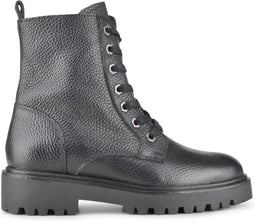 PS Poelman Leta - Dames Leren Enkellaarzen met Veters en Rits - Chunky Plateauzool 4,5 cm - Zwart Tumble - Maat 41