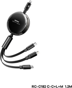 Remax RC-C182 - USB Kabel - 3in1 - USB-C/Micro/Iphone Output - 1.2m - 100W - Zwart