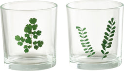 J-Line windlicht Bladeren - glas - groen/transparant - small - 2 stuks