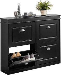SoBuy FSR79-SCH - Smalle Schoenenkast - 4 Kleppen 8 Verstelbare Planken - Zwart 105x82x24cm