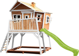 AXI Max Speelhuis in Bruin/Wit - Met Verdieping, Limoen Groene Glijbaan en Zandbak - Speelhuisje voor de tuin / buiten - FSC hout - Speeltoestel voor kinderen