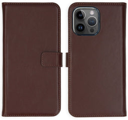 Selencia iPhone 15 Pro Max - Echt Lederen Bookcase - 3 Pashouders - Bruin