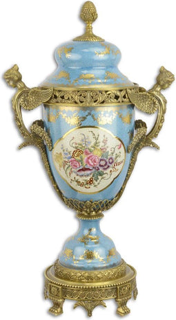 BRONZEN URN VAN BLAUW GESLEPEN PORSELEIN EN DEKSEL