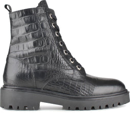 PS Poelman Leta - Dames Leren Enkellaarzen met Veters en Rits - Chunky Plateauzool - Zwart Croco