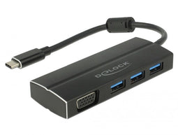 Delock 63932 - USB-C naar VGA adapter met 3x USB-A hub - Zwart