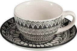 J-Line koffietas + schoteltje Monochroom Boho - keramiek - zwart/wit - 4 stuks