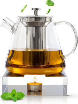 Deleca Glazen Theepot Set Clarity - Theepot 1,5L - RVS Filter en Theelichthouder - Handgemaakt Borosilicaatglas