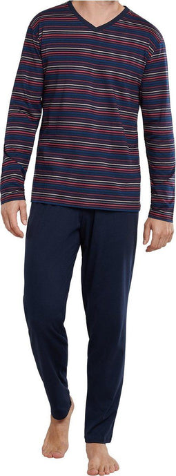 Schiesser Heren Pyjama - Lange Mouwen - V-Hals - Donker Blauw