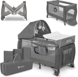 Lionelo Sven Plus 2in1 Reisbed - Campingbedje met Commode en Organizer - 127x60 cm - Tot 15 kg - Grijs