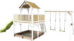 AXI Atka Speeltoestel in Bruin/wit - Speeltoren met Dubbele Schommel, Limoen Groene Glijbaan en Zandbak - FSC hout - Speelhuis op palen voor de tuin