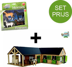 Kids Globe SET houten Paarden hoekstal (1:24) + 4 paarden
